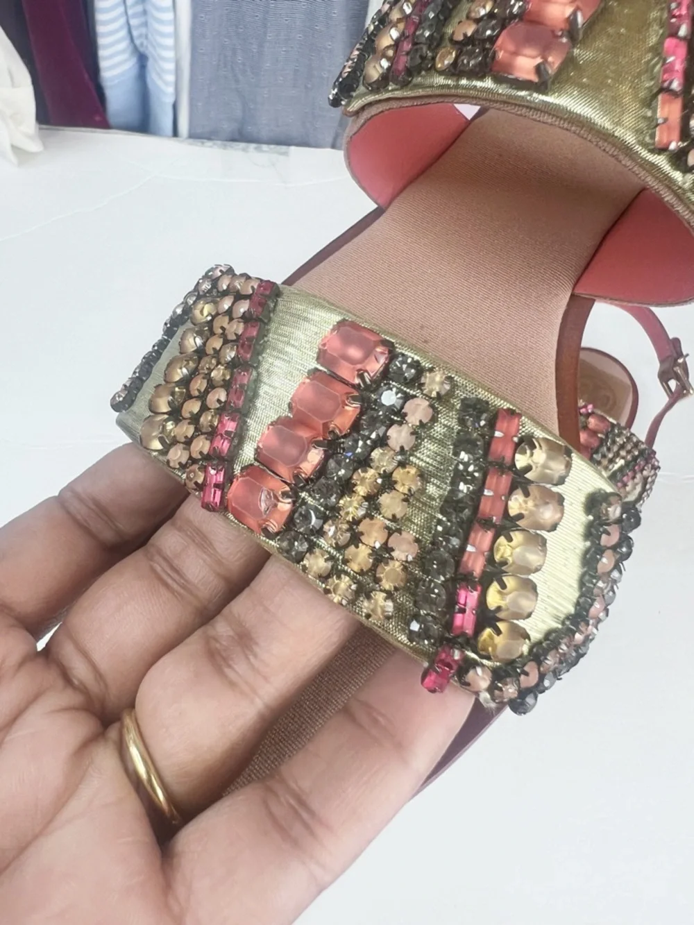 NIB Tory Burch Tanner Jeweled Embellished Metallic Strap Sandals in Pink/Tan
